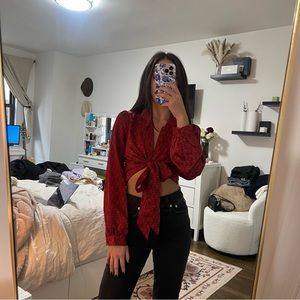 Urban outfitters black and red paisley tie front silk top